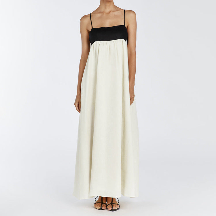 Black White Contrast Sling Dress Backless Long