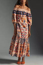 Retro Floral Print Off-Shoulder Loose Pockets Dress