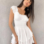 Asymmetric Puff-Sleeve Tiered Dress