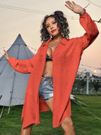 Cotton long one-piece swimwear, red button-front tunic dress with long sleeves