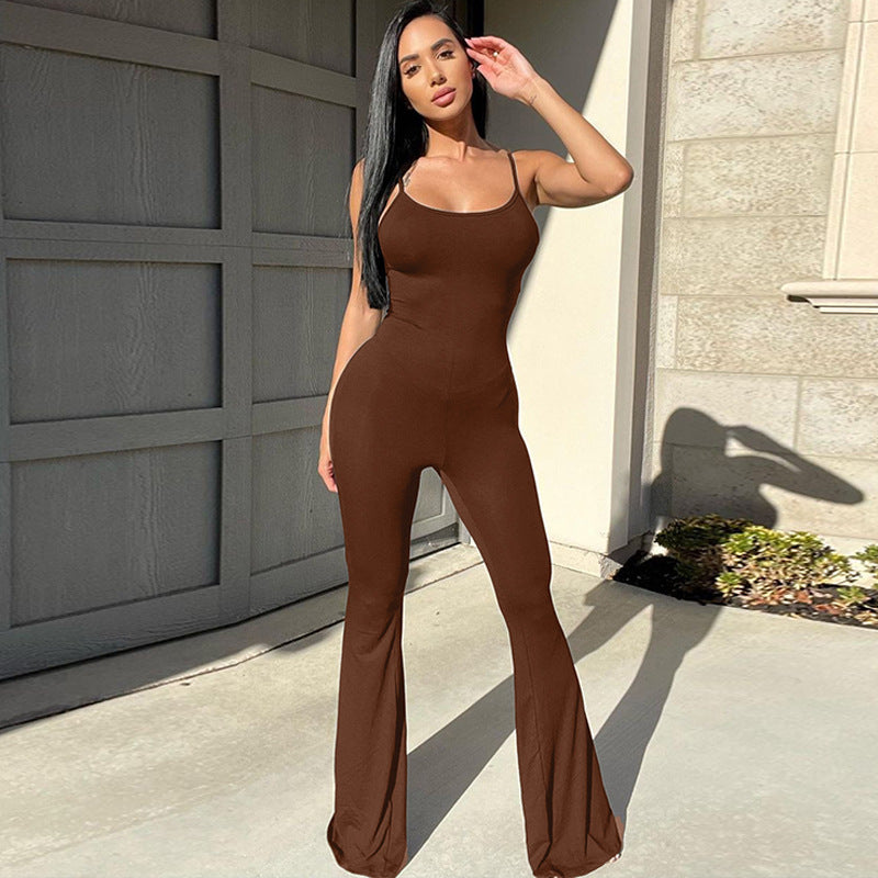 Women's Spring Sexy U Collar Backless Slim Fit Solid Color Sling Jumpsuit