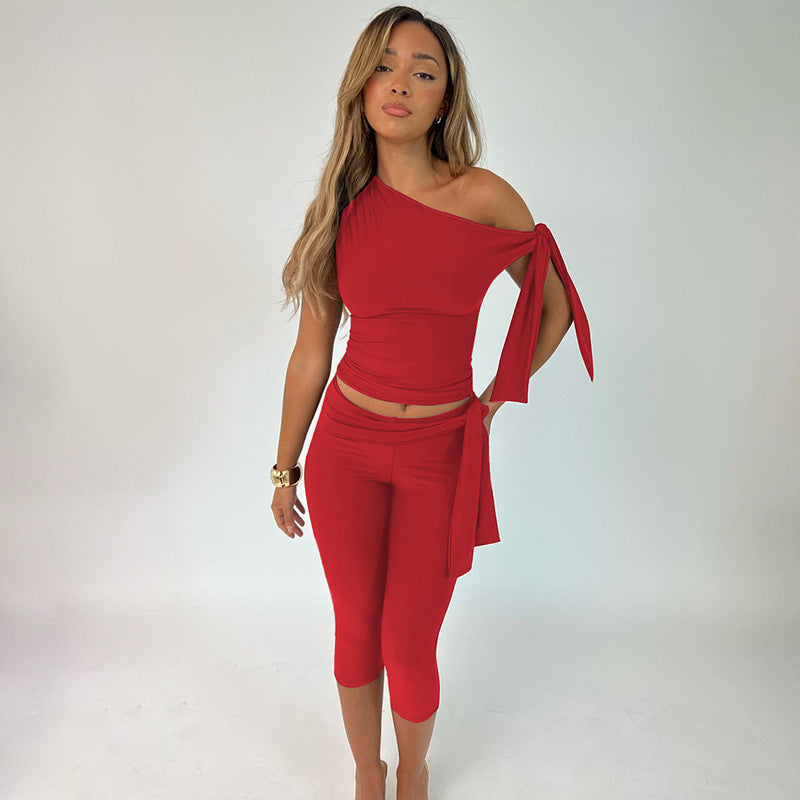 Women's Summer Street Shooting Diagonal Collar Sleeveless Top Slim Fit Tied Shorts Suit