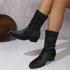 Embroidered Rhinestone Pleated Mid Calf Boots Women Autumn Winter Pointed Chunky Heel Western Chunky Heel Knight Boots