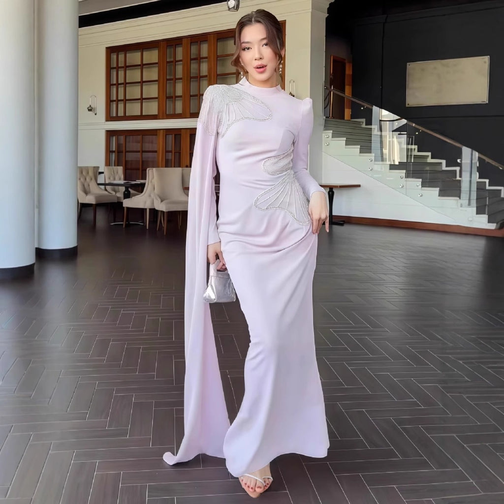 Lavender satin maxi dress with long sleeves, draped neckline, ruched waist