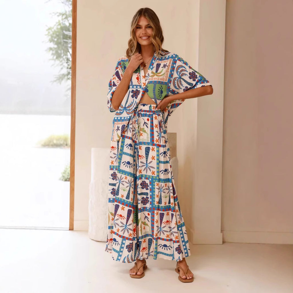 Women's Summer Beach Print Holiday Casual Loose Short Sleeves Shirt