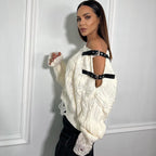 Leather Decoration Patchwork Cold Shoulder Ripped Street Woolen Top