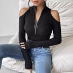Women's Ribbed Off-Shoulder Zipper Long Sleeve Top