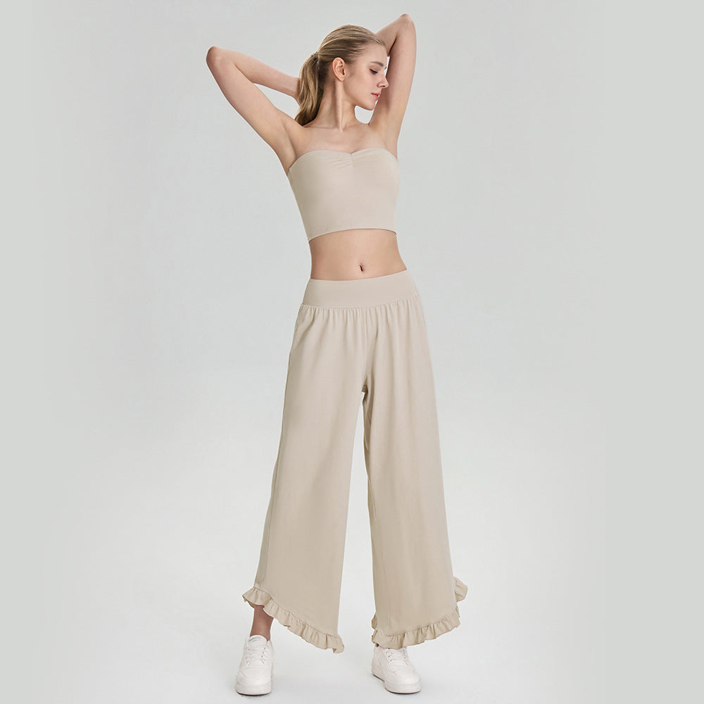 Women Summer Yoga Exercise Non Slip Chest Vest Loose Wide Leg Track Pants Casual Fitness Two Piece Set