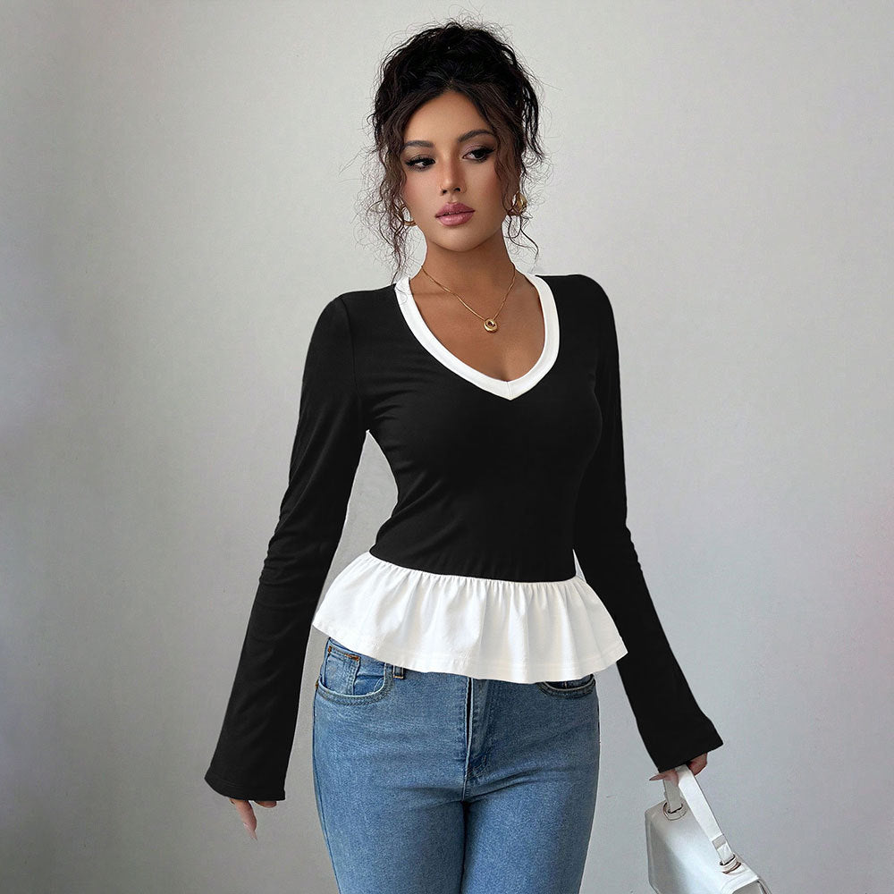Women's Faux Two-Piece Lace Long-Sleeve Top