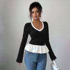 Women's Faux Two-Piece Lace Long-Sleeve Top