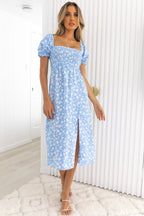 Women's Spring Summer Square Collar Floral Tight Waist Split Dress For Women