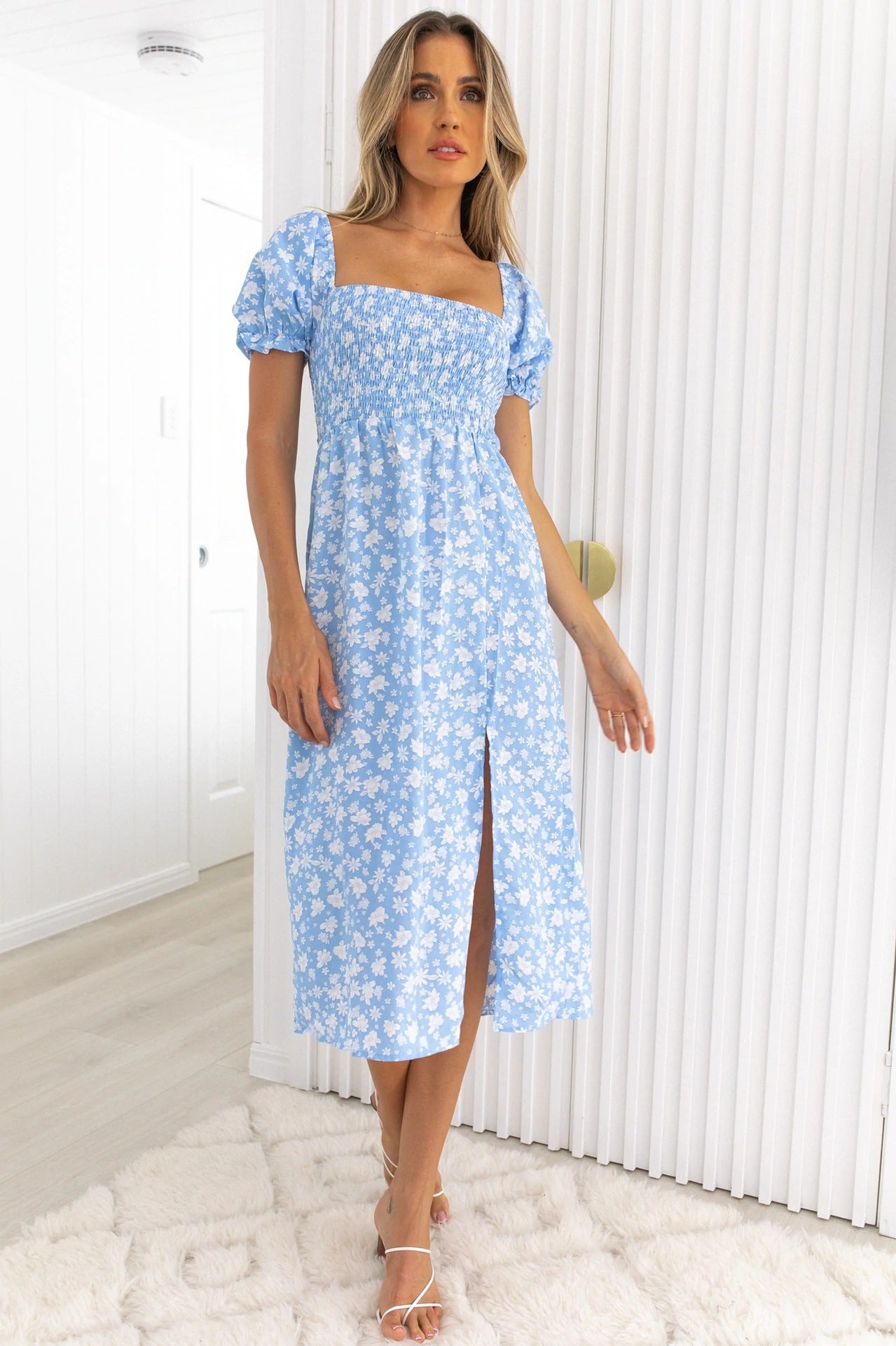 Women's Spring Summer Square Collar Floral Tight Waist Split Dress For Women
