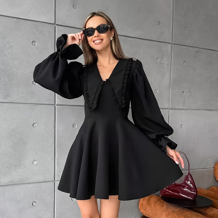 Black Collared Bell-Sleeve Dress