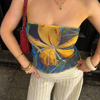 Women's Floral Print Tube Top Oil Painting Contrast Color Mesh Top