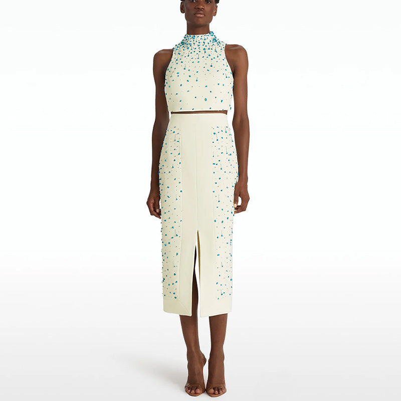 Women's Beaded Split Top and Skirt Two-Piece Set