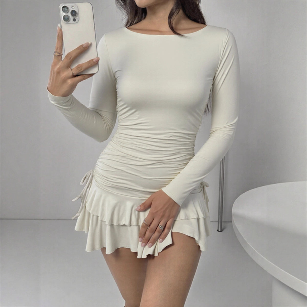 Long-Sleeve Tiered Drawstring Dress