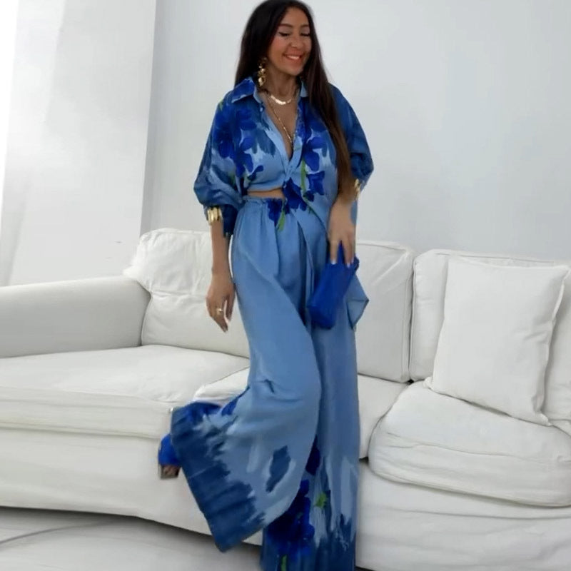Printed Top & Wide-Leg Pants Two-Piece Set