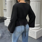 Women Elegant Flare Sleeve T shirt Back Lace up Design