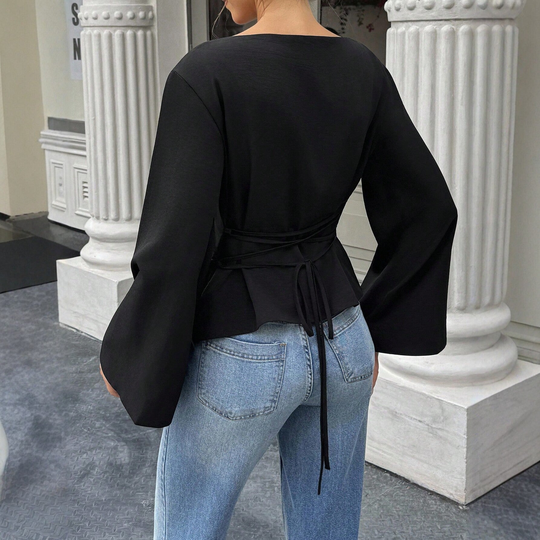 Women Elegant Flare Sleeve T shirt Back Lace up Design
