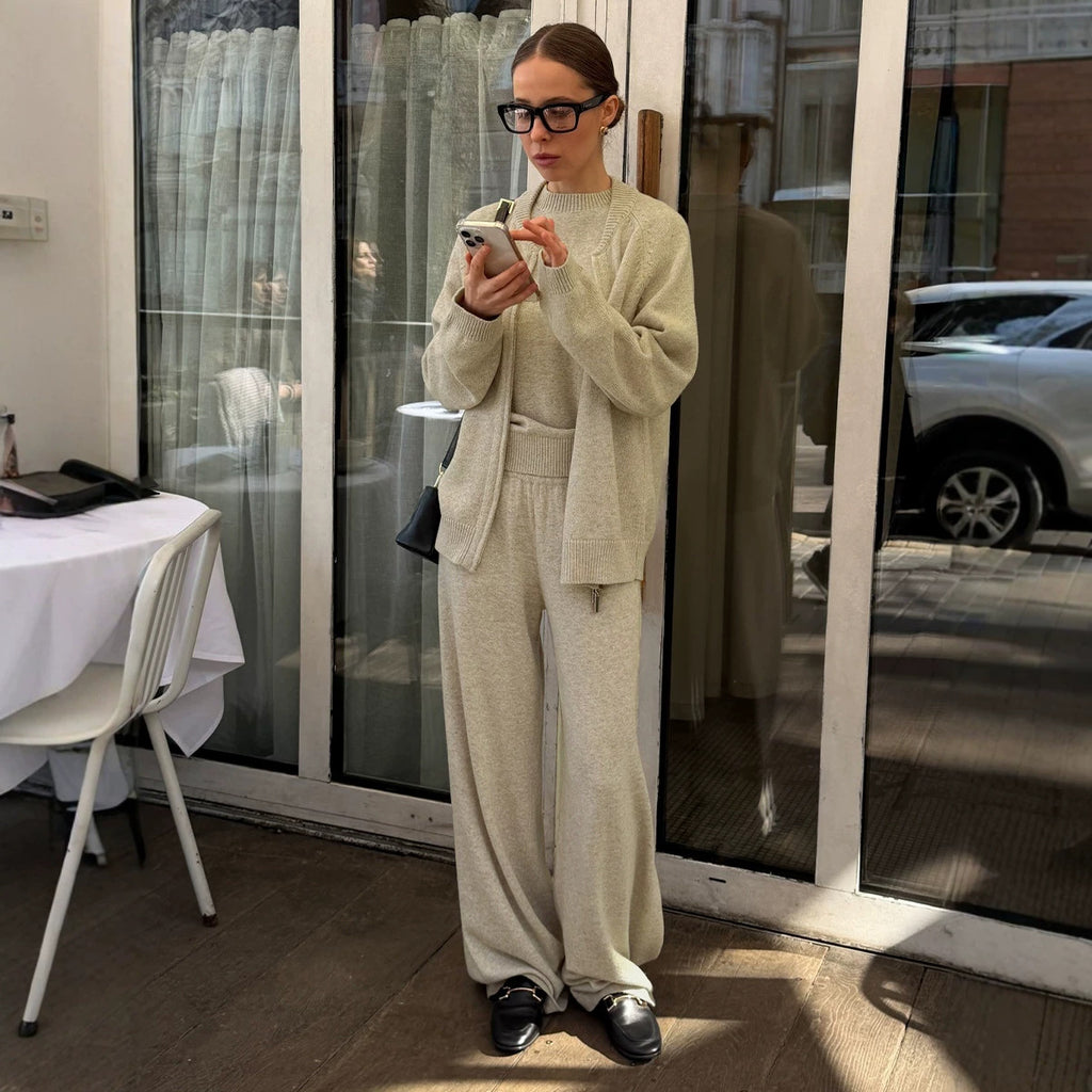 Women's Knitted Cardigan And Wide-Leg Pants Set