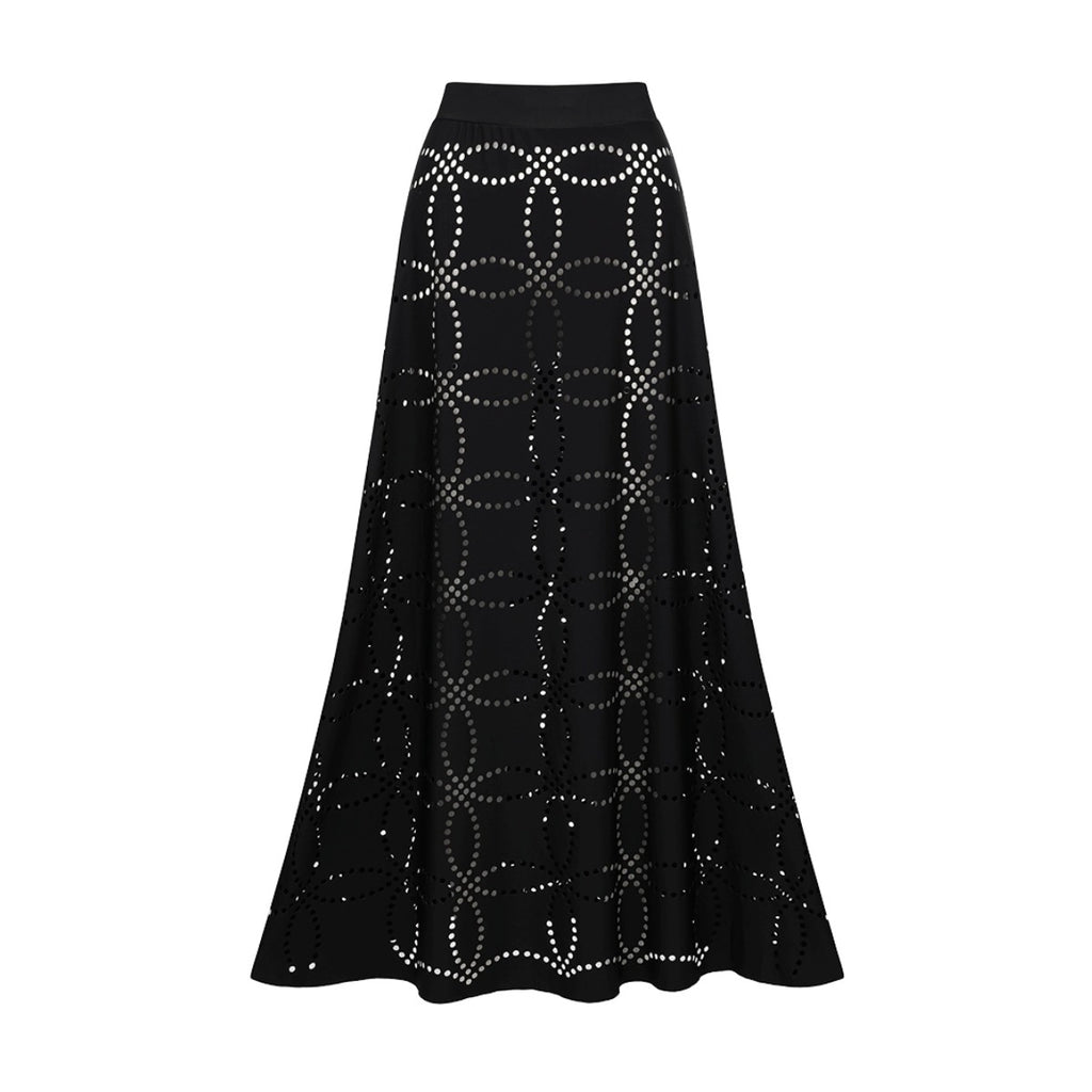 Black swim skirt with wide waistband and allover gold dot lattice pattern