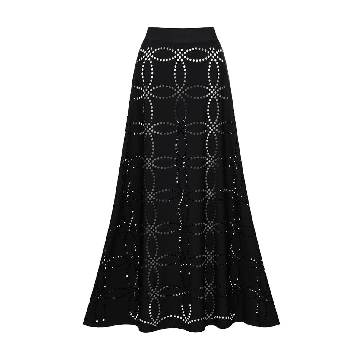 Black swim skirt with wide waistband and allover gold dot lattice pattern