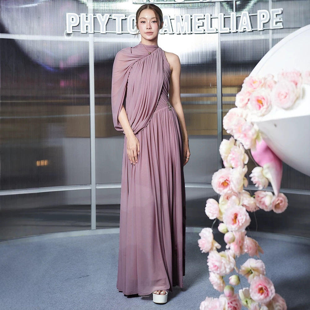 One Shoulder Pinch Pleated Ribbon Vietnam Pleated Hip Dress