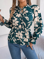 Women's Real Shot Spring Summer Casual Floral Lace Up Long Sleeve Chiffon Shirt Top Women Clothing