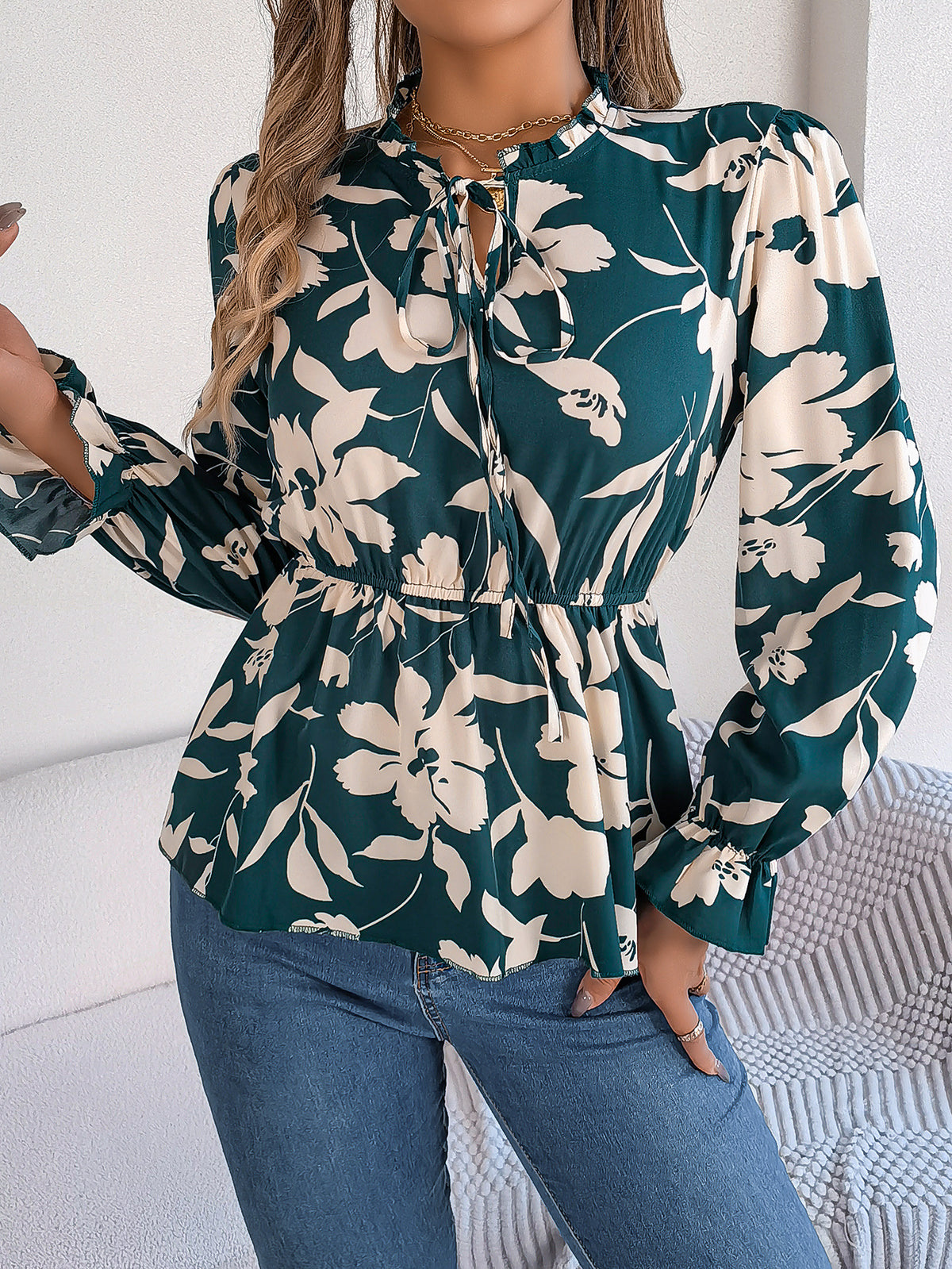 Women's Real Shot Spring Summer Casual Floral Lace Up Long Sleeve Chiffon Shirt Top Women Clothing