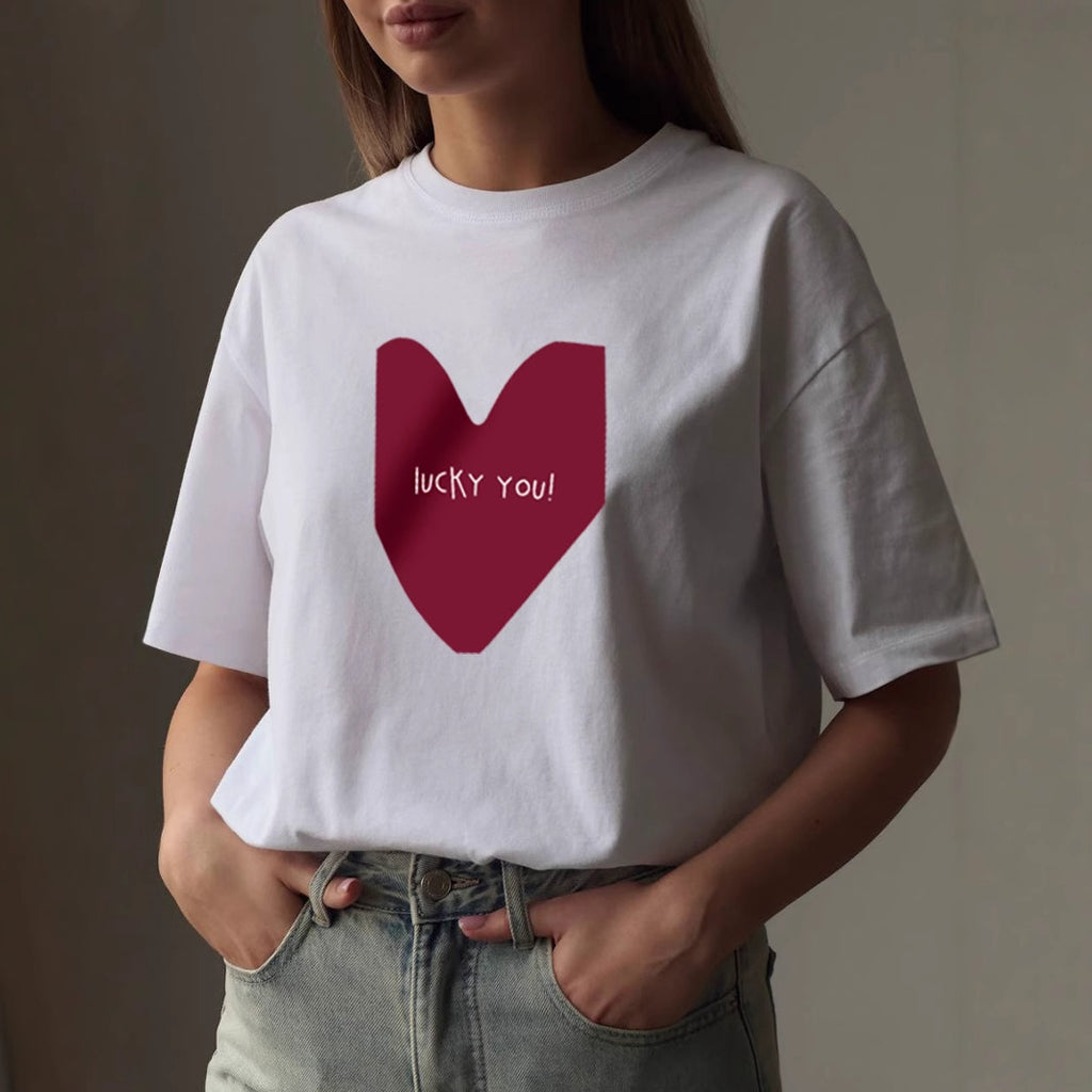 Women's Simple Heart Printing T-Shirt Women Summer Loose Round Neck Cotton Short Sleeve Top