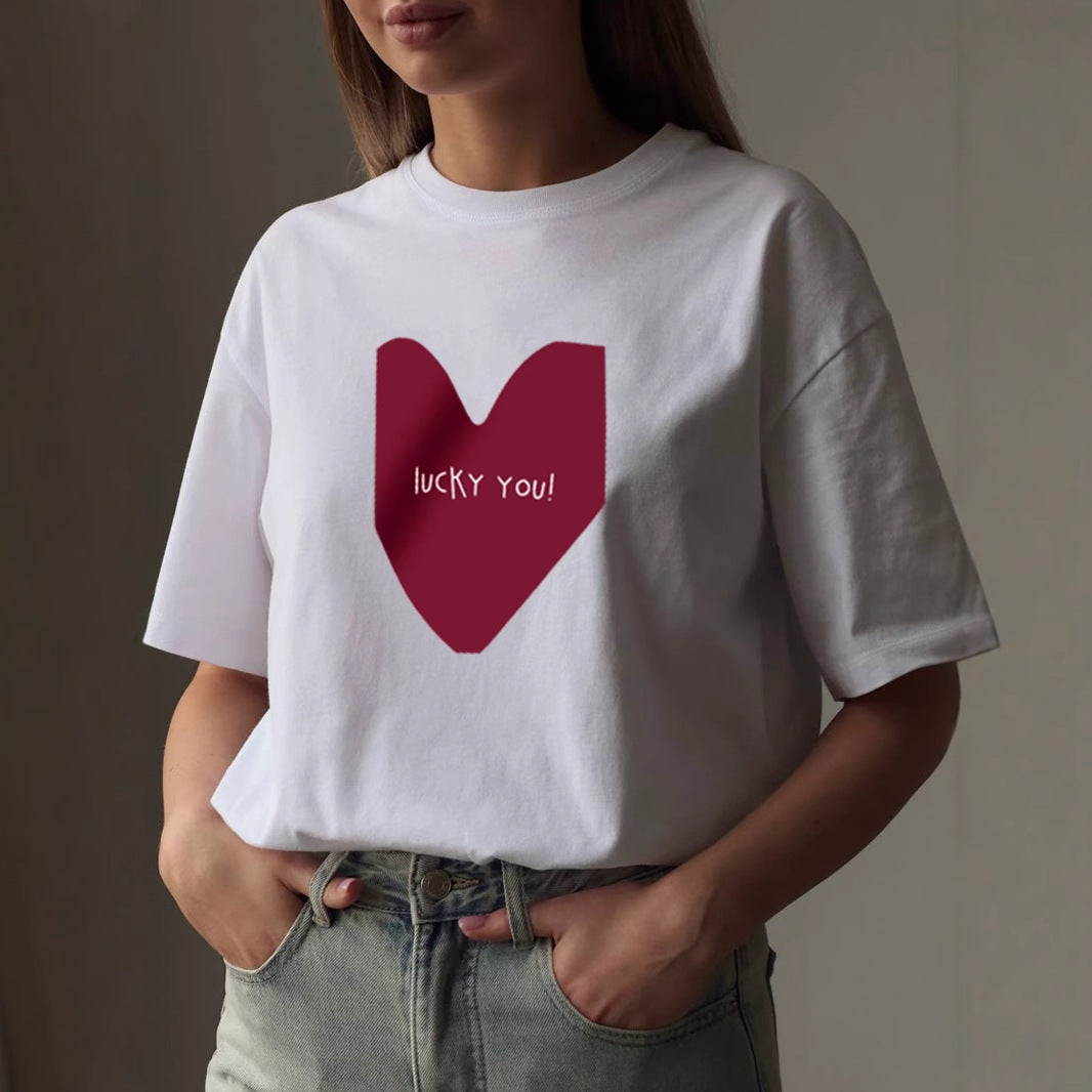 Women's Simple Heart Printing T-Shirt Women Summer Loose Round Neck Cotton Short Sleeve Top