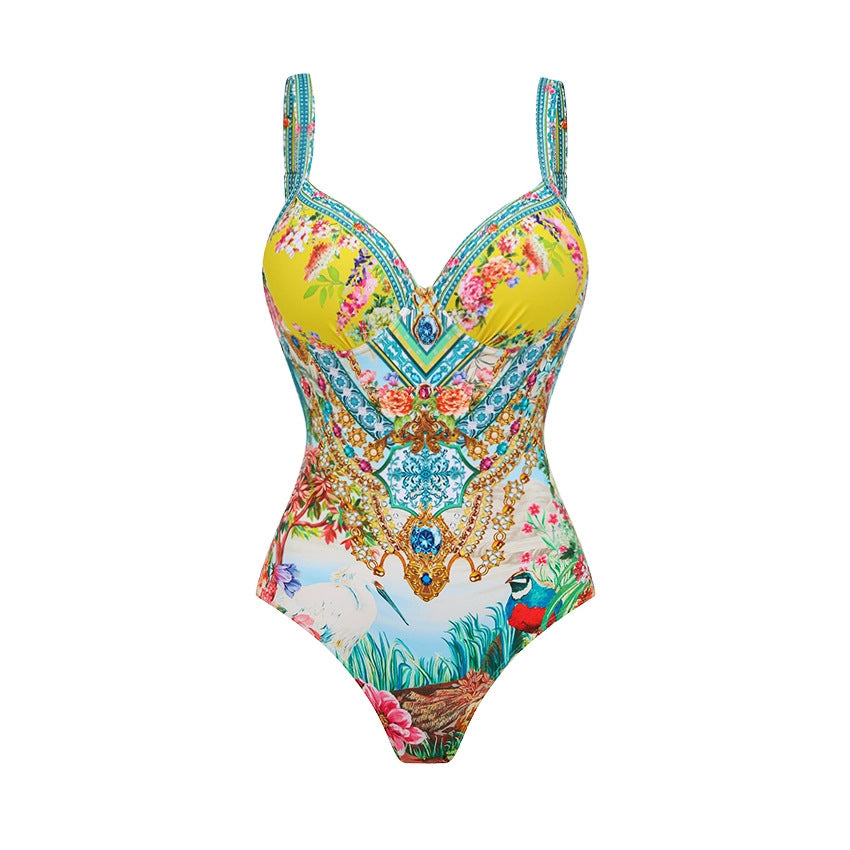 Printed yellow-and-blue one-piece swimsuit with V-neck and thin shoulder straps