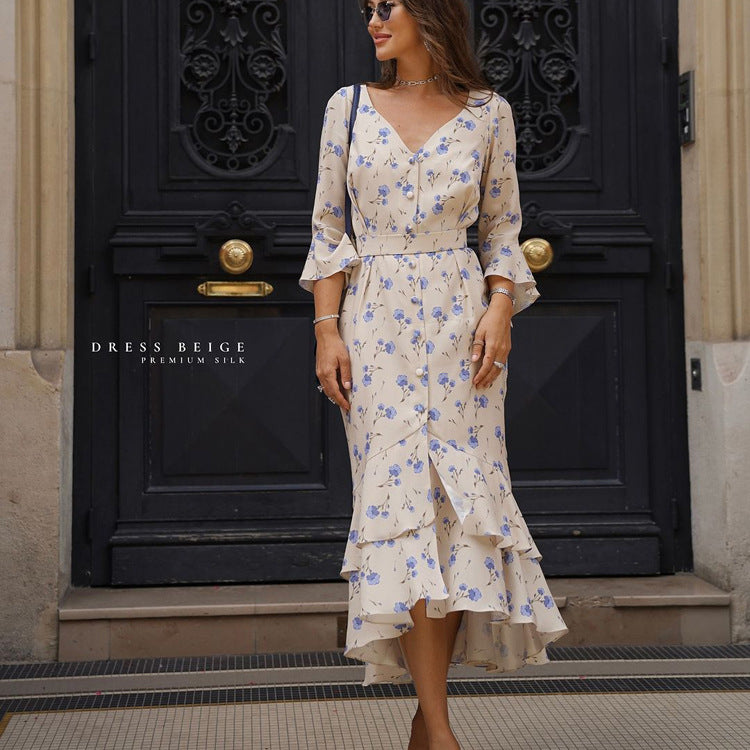 Asymmetric Floral V-Neck Dress