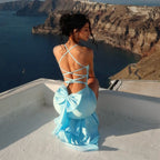 Women's Vacation Bare Back Lace Up Bow Dress Solid Color Fold Split Design Dress