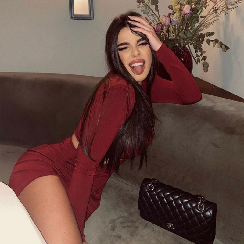 Red Cutout Slit Long Sleeve Maxi Dress