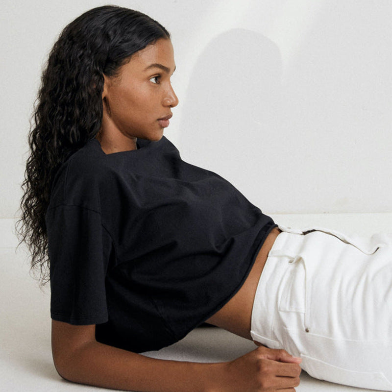 Women's Pure Cotton Solid Color Short Cropped Round Neck Sports