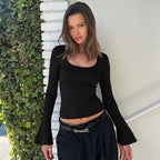 Women Clothing Square Collar Long Sleeve T shirt Women