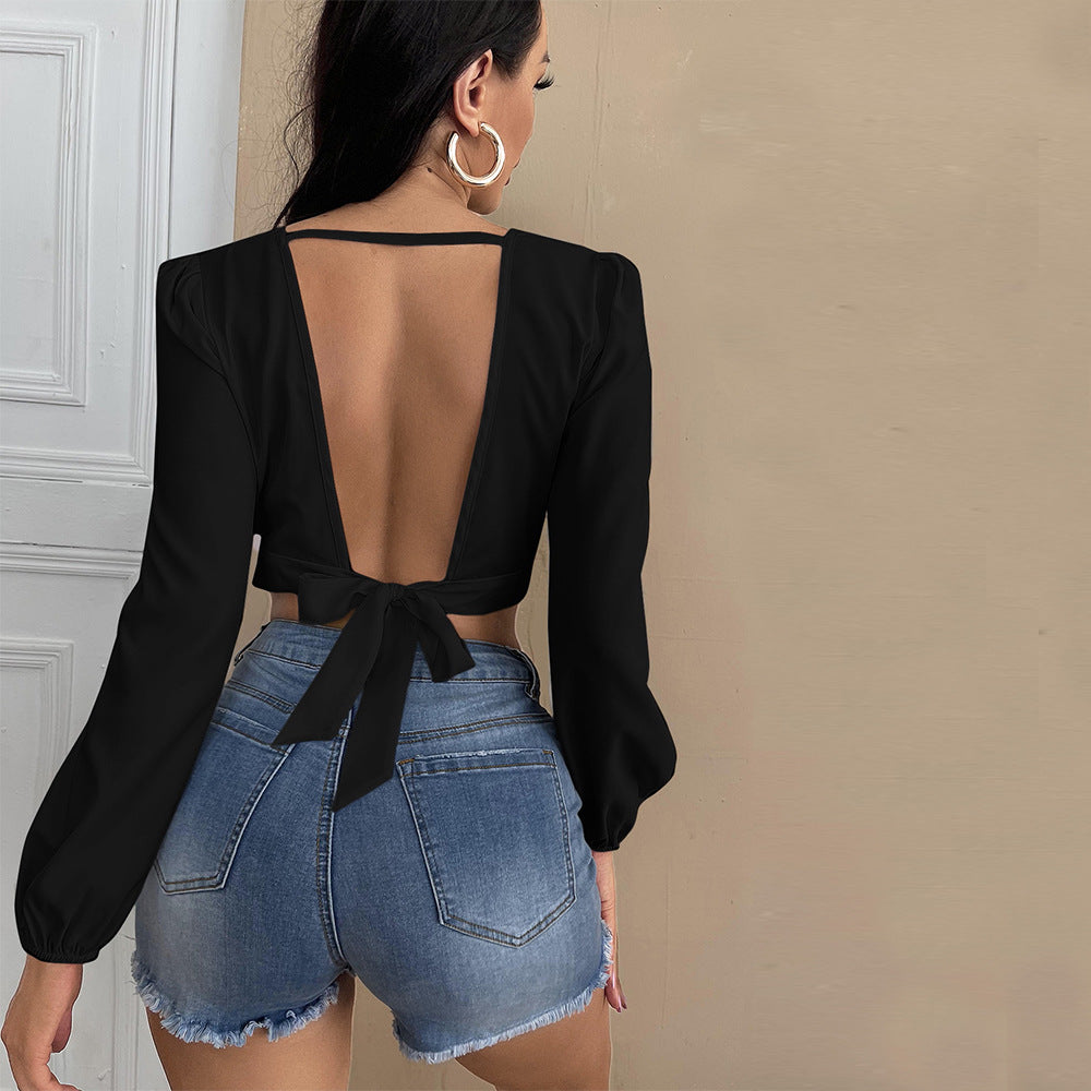Women's Design V Neck Long-Sleeved T Shirt Backless Short Top Women