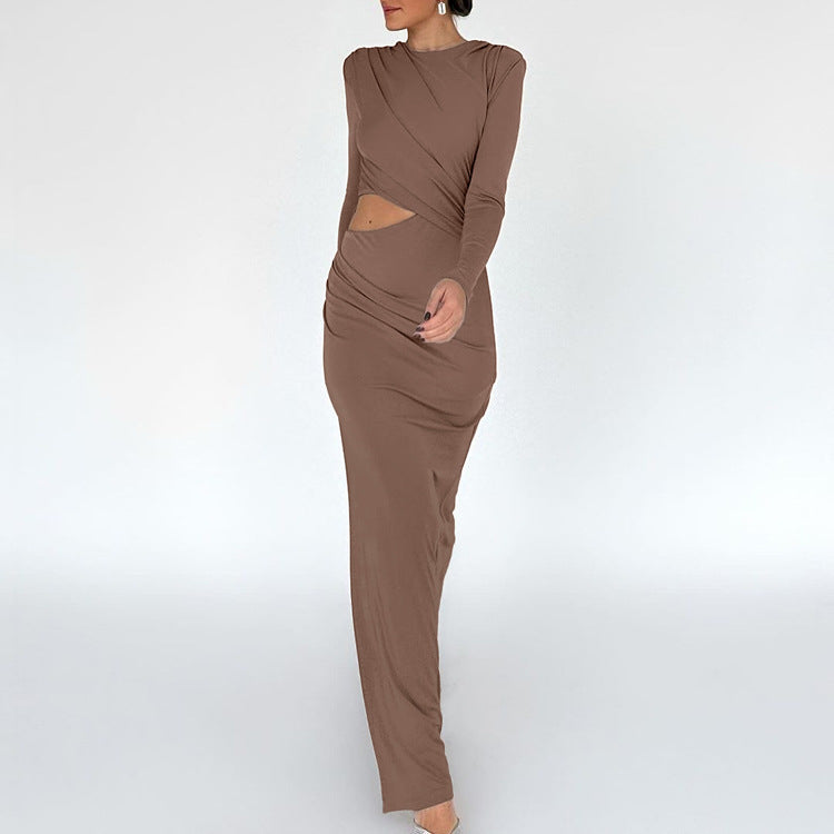 Cutout Ruched Long Sleeve Slit Maxi Dress