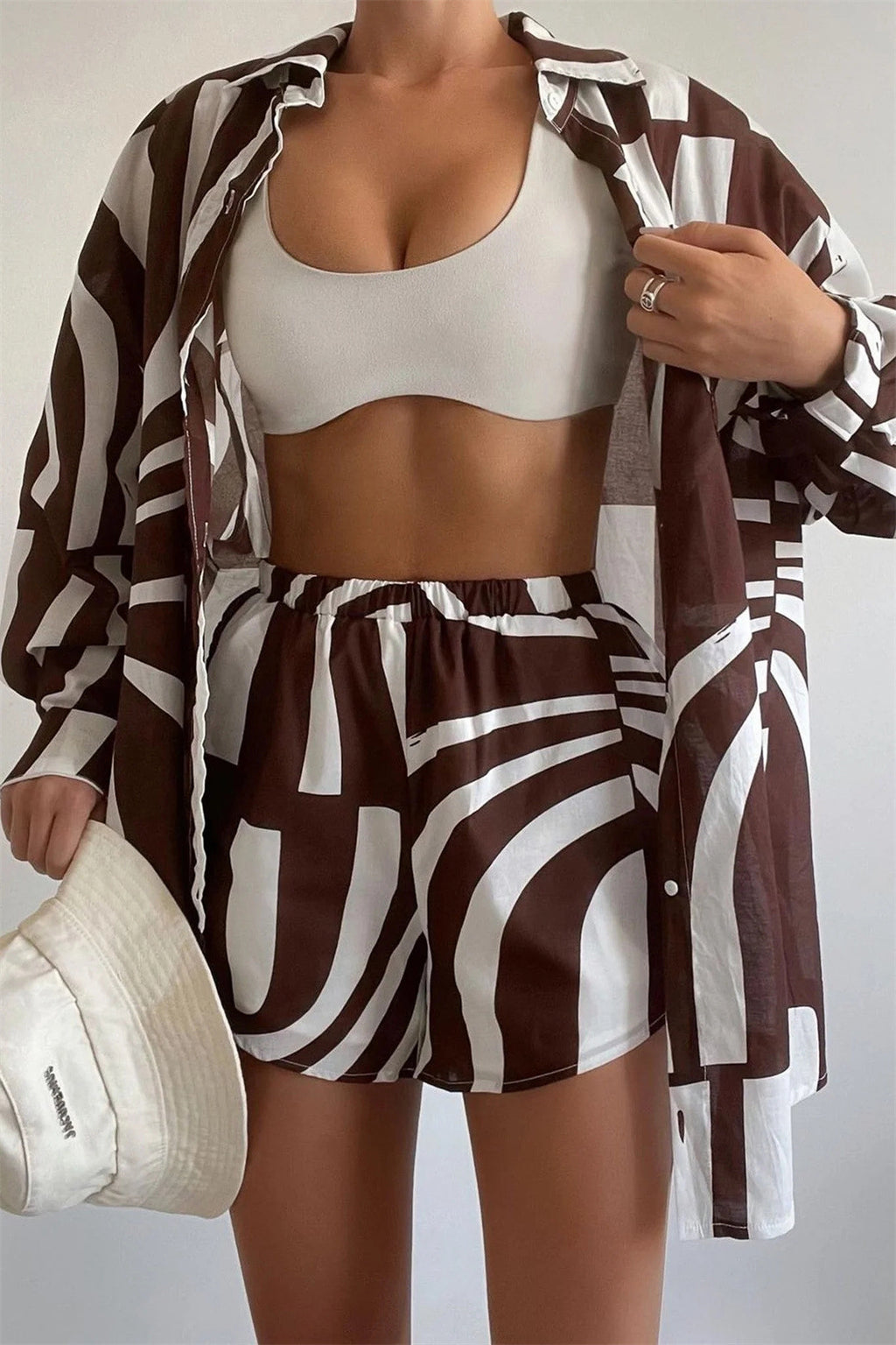 Women's Spring Summer Beach Casual Suit Loose Collared Long Sleeves Shirt Shorts Two-Piece Clothing