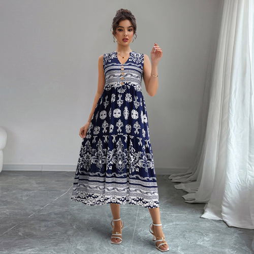 Women V neck Sleeveless Bohemian Beach Holiday Dress (No Belt)