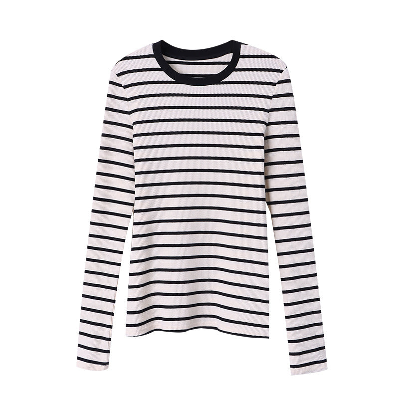 Women's Sinanbo Daily Fashionable Walf Checks Fabric Black Edge Small Round Neck Striped T-Shirt Bottoming Shirt