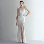 Women's Satin Slim Fit One-Shoulder Long Debutante Gala Dinner Slim Fit Dress