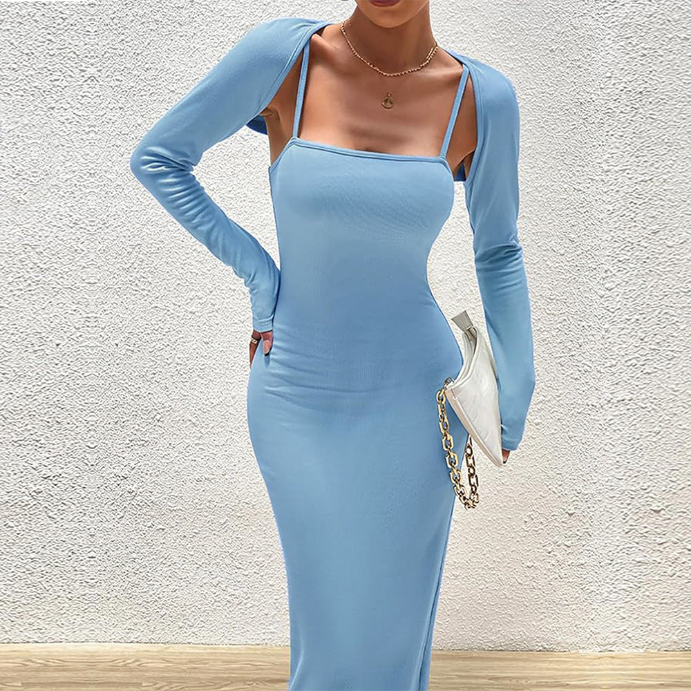 Women's Light Blue Elegant Suit Shawl Dress Two Piece Set