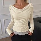 Autumn Winter Slim T shirt Women Lace Stitching Solid Color Long Sleeved Top