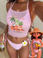 Pink tropical one-piece swimsuit with palm fruit graphic and thin adjustable straps