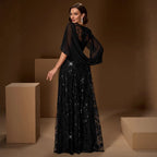 Women's Black Sequin Mesh Swing Evening Dress