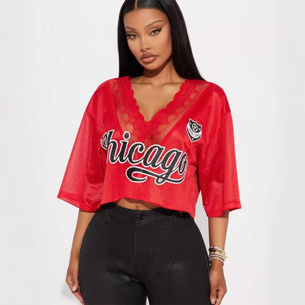 Women's Summer Retro Street Letter Graphic Printing Loose V Neck Lace Patchwork Short Sleeved T Shirt