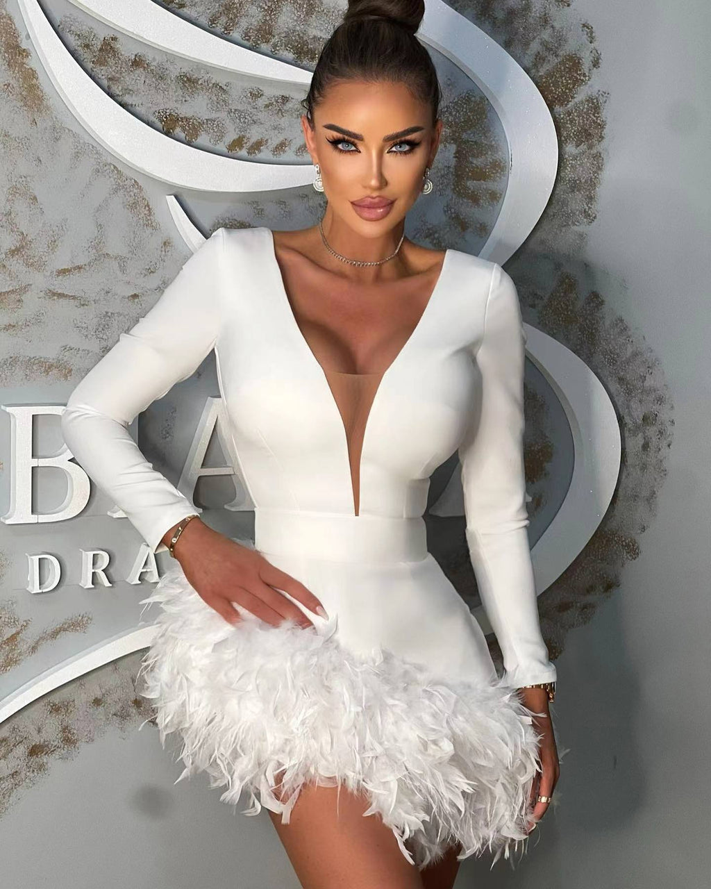 Women's Feather-Trim V-Neck Long-Sleeve Mini Dress