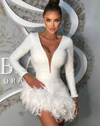 Women's Feather-Trim V-Neck Long-Sleeve Mini Dress